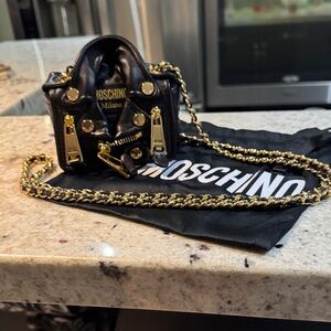 AUTHENTIC Moschino Milano Black Leather Micro Crossbody with Gold Hardware